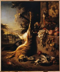 Gibier mort, singe et fruits devant un paysage
