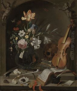 Vanitas still life with a vase of flowers, a violin and a skull, in a niche by Jacob Marrel