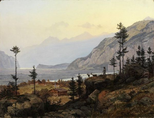 Schweizer Alpenlandschaft mit Fluss und See - view 1
