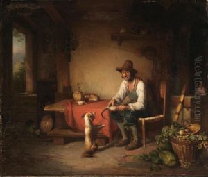 Italienischer Bauer mit Hund spielend