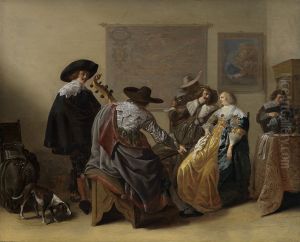 Merry company smoking, drinking and playing music in an interior