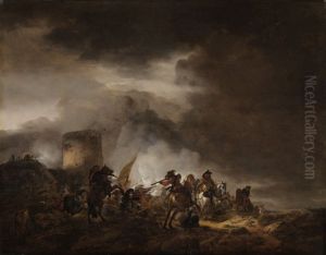 Battle between horsemen and foot soldiers in front of a fortification by Philips Wouwerman