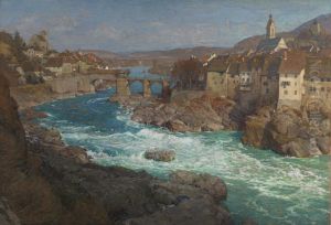 Blick auf Laufenburg am Rhein mit den Stromschnellen by Gustav Schonleber