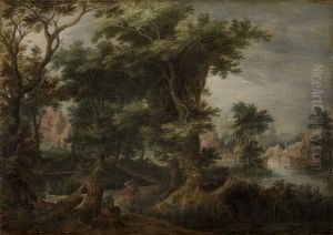 Forest landscape with resting farmers by Gijsbert d'Hondecoeter
