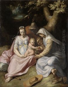 De H. Familie met Elisabeth en de jonge Johannes de Doper als kind by Cornelis van Haarlem