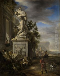 Sudliche Strandlandschaft mit Palastfassade und Denkmal Sudliche Strandlandschaft mit Palastfassade und Denkmal