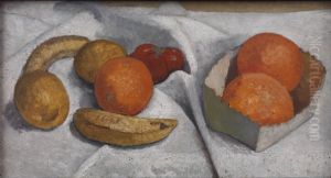 Stillleben mit Orangen, Bananen, Zitrone und Tomate