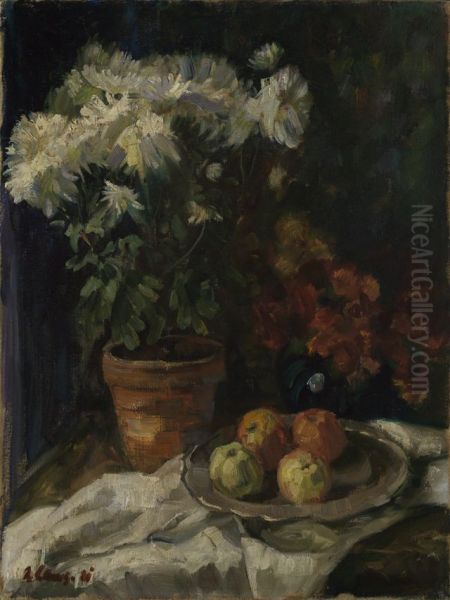 Stilleben mit weissen Chrysanthemen und Apfeln - view 1