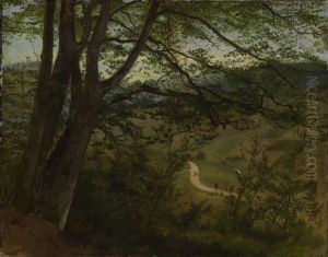 Blick durch Baume und Gestrauch auf Tal by Hans Thoma
