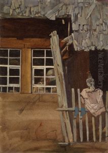 Bauernhausecke mit Gartenzaun und Huhn by Hans Thoma