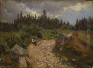 Steiniger Weg am Waldrand mit sitzendem Mann by Hans Thoma