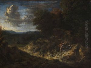Wooded landscape with shepherds by Cornelis Huysmans