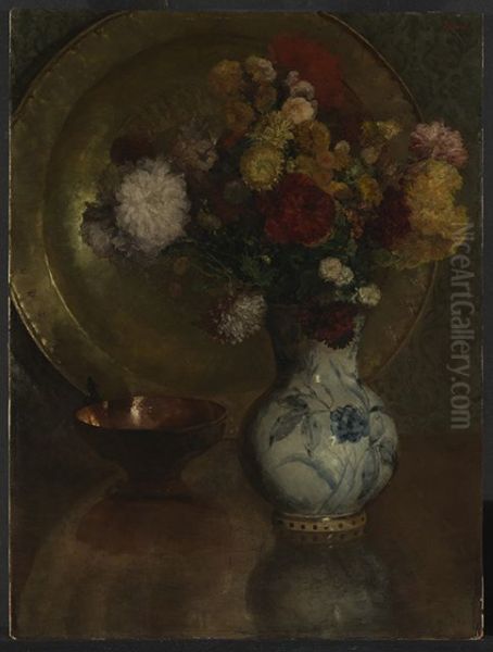 Blumenstilleben mit Messinggefassen und Delfter Kanne - view 1