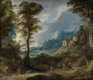 Gebirgslandschaft mit Pilgern und fahrendem Volk