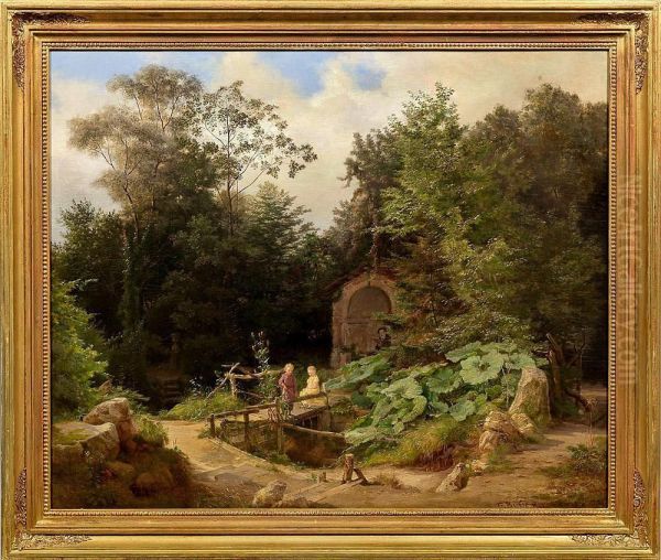 Romantischegartenlandschaft Mit Angelnden Kindern Am Bach - view 1
