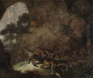 Zwei Tiger, einen Hirsch reissend by Carl Borromaus Andreas Ruthart