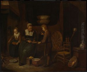 Kucheninterieur mit einem Orangenverkaufer by Quirijn van Brekelenkam