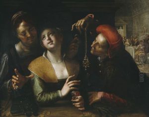 Procuress, young woman and a man in an interior