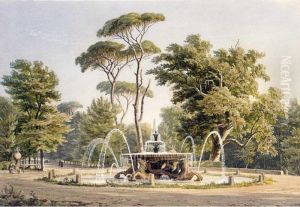 View Of An Elaborate Fountain In The Garden Of The Villa Borghese by Georg Heinrich Busse