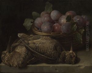 Stilleben mit Pflaumen und zwei Schnepfen auf einem Steintisch