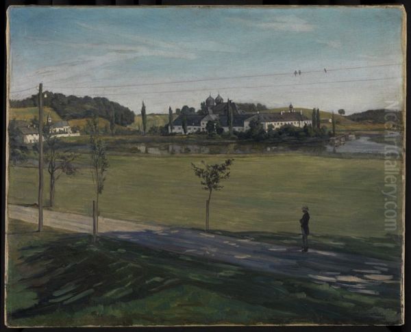 Landschaft bei Kloster Seeon mit Telegraphenstange - view 1