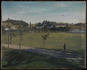 Landschaft bei Kloster Seeon mit Telegraphenstange