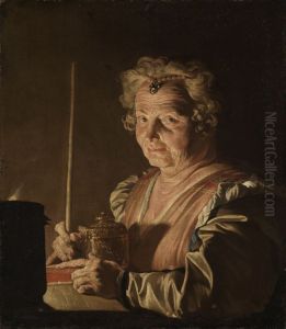 Alte Frau mit Buch und Rauchergefass bei Kerzenlicht