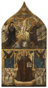 Christus am Kreuz mit Maria, Johannes und Magdalena, darunter der Heilige Gregor