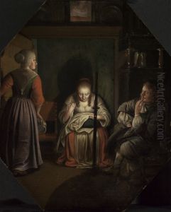 Sewing woman, Cavalier and maid by candlelight by Wolfgang Heimbach