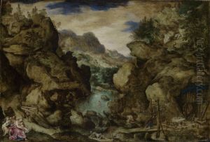 Mountain landscape with a scene of the early history of man by Bartholomeus Spranger