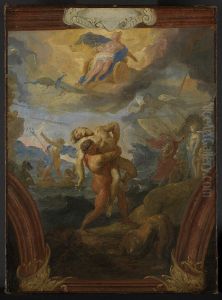 Herkules und Antaus, am Himmel Juno auf ihrem Wagen by Johann Michael Rottmayr