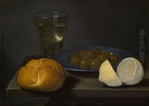 Still life of bread, plate with olives, lemon and glassware by Jacob van Es