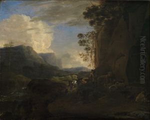 A rocky mountain valley with shepherds and cattle by Jan Asselijn