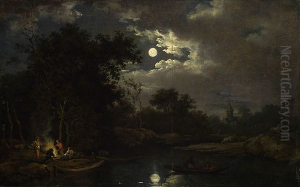 Mondscheinlandschaft mit Fischern am Lagerfeuer - view 1