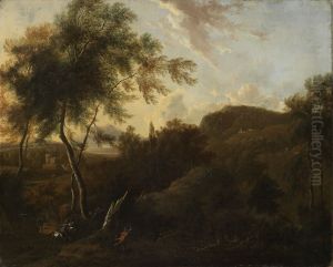 Sudliche Landschaft mit einem Jager auf Hirschjagd by Frederik de Moucheron