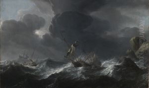 Shipwreck off a rocky shore by Aernout Smit