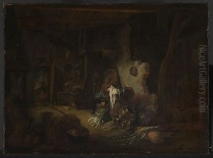 Boerderij-interieur met zittende vrouw, man op een ladder en figuur in de deuropening by Willem Kalf