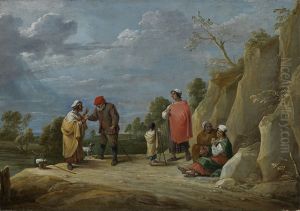 Four gypsies with a child, one telling a peasant his fortune
