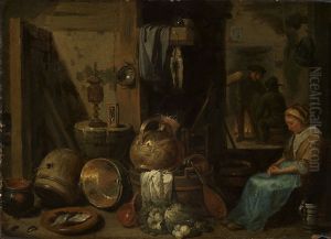 Kucheninterieur mit eingeschlafener Frau