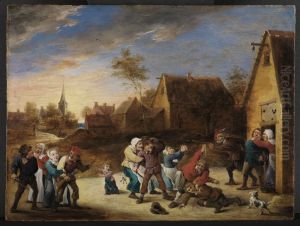 Brawling peasants in front of a tavern