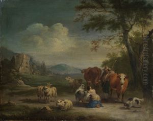Landscape with shepherd and cowsman by Pieter Bout
