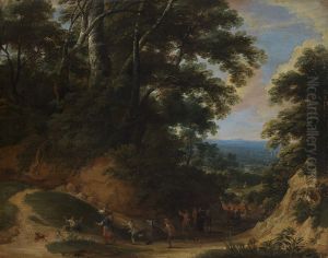 Mountain pass with soldiers attacking peasants