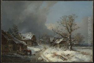 Dorfstrasse im Winter mit Tranke by Heinrich Burkel