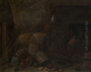 Herberginterieur, kaartspelers op de achtergrond by David Teniers the Younger