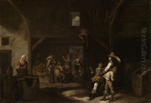 Soldiers smoking and drinking in a barn Soldiers smoking and drinking in a barn