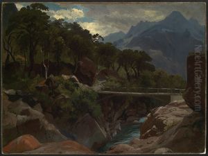 Schweizer Gebirgsfluss mit Steg by Johann Wilhelm Schirmer