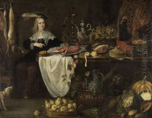 Young woman sitting at a laden table in a larder