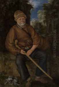Old farmer resting together with a dog by Roelant Savery