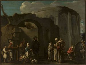 Family of beggars among ruins