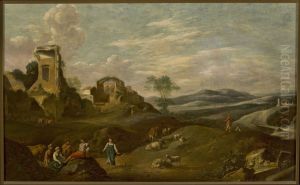 Italian landscape with ruins by Cornelius van Poelenburgh